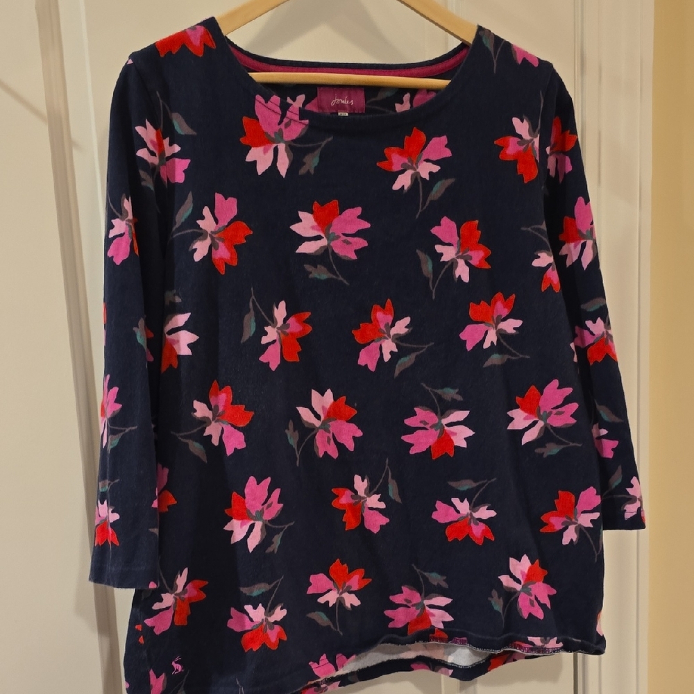 Joules Navy Floral 3/4 Sleeve Harbour Top with Pink and Red Floral Accents